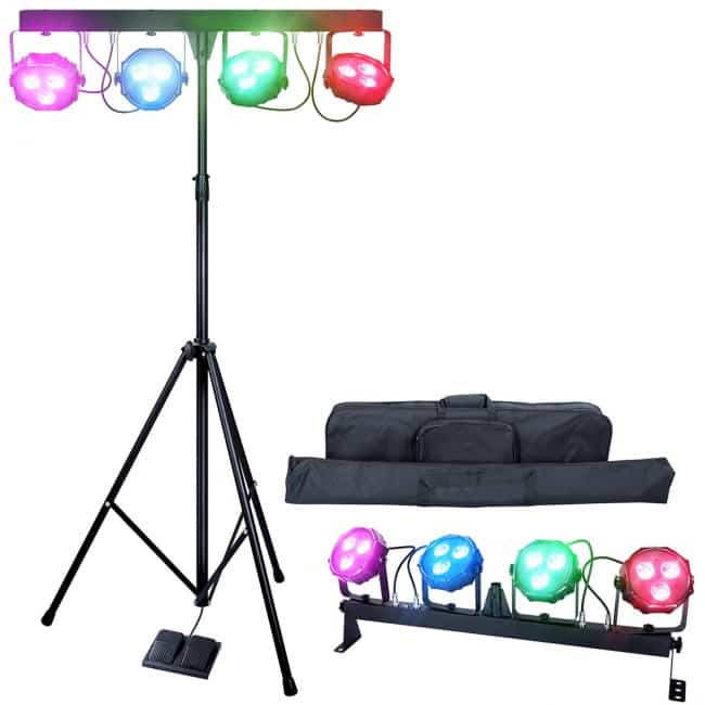 DragonX 4 Bar LED mobile DJ Stage Lighting Package:108W Portable RGB Par Can Kit Gig Spotlight Bar Set:Sound Activated Flex Wash Light Party System W:Stand