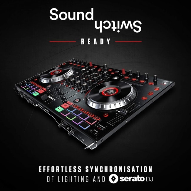 Numark NS6II + SoundSwitch DMX Micro Interface | 4-Channel DJ Controller With Dual USB Ports For Handoffs, LCD Displays, Standalone Digital Mixer + Compact