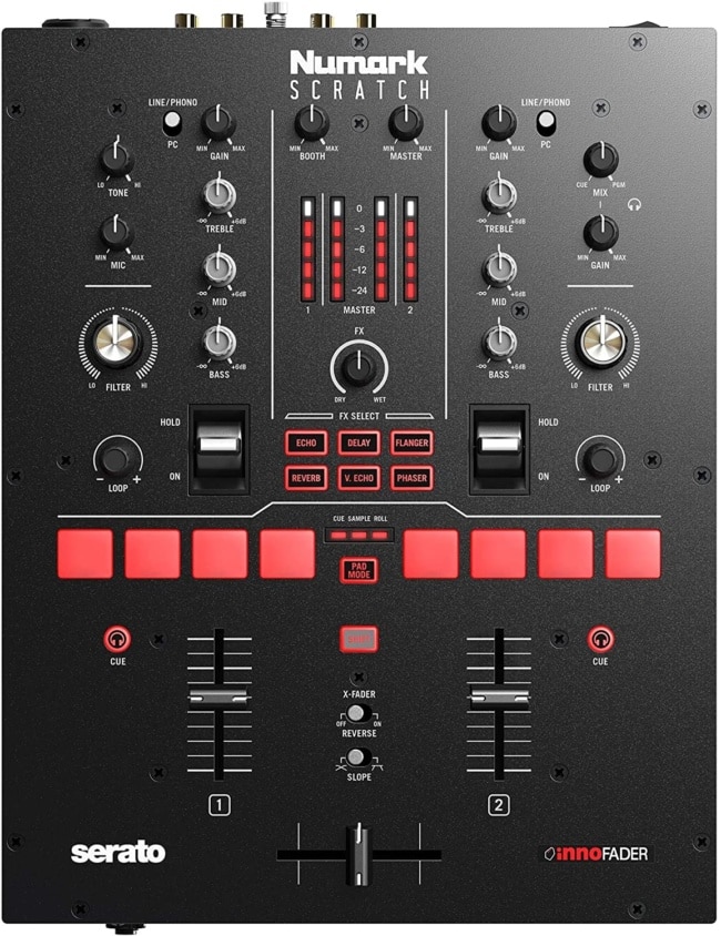 Numark Scratch | Two-Channel DJ Scratch Mixer for Serato DJ Pro (included) With Innofader Crossfader, DVS license, 6 Direct Access Effect Selectors, Performance Pads and 24-Bit Sound Quality