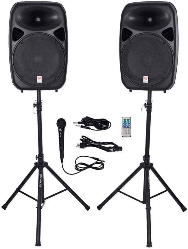 Rockville Dual 15 Powered Bluetooth +Mic+Speaker Stands+Cables, Version 2 (RPG152K V2) package
