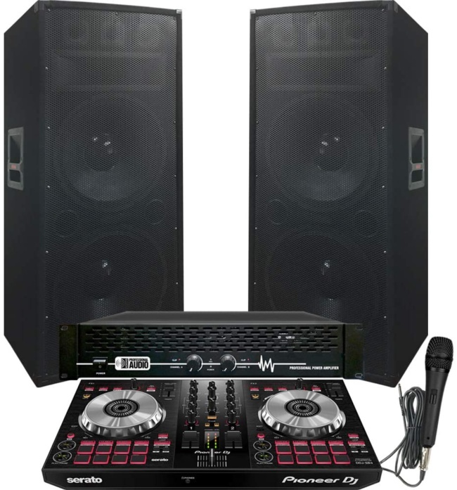 6100 Watt - Pioneer - Serato - DJ System - Pioneer DJ Controller DDJ-SB3 - Serato DJ Lite Software - Dual 15 Adkins Pro DJ Speakers - APA-6100 Amp and Mic