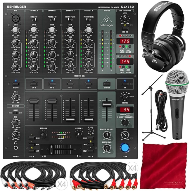 Behringer DJX750 Professional 5-Channel DJ Mixer with PreSonus HD9 Headphone, Samson Dynamic Microphone, Mic Boom Stand, and Premium DJ Bundle