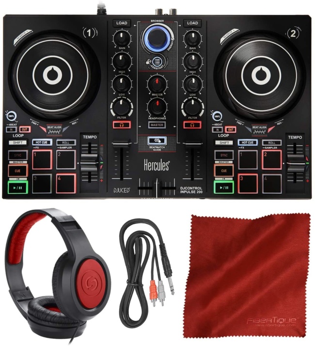 Hercules DJControl Inpulse 200 Compact DJ Controller + Headphone + Basic Accessory Bundle