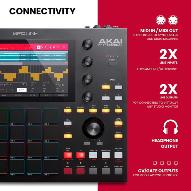 Akai Professional MPC One – Drum Machine, Sampler & MIDI Controller with Beat Pads, Synth Engines, Standalone Operation and Touch Display features two