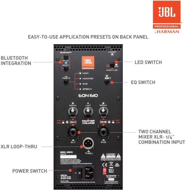 JBL Professional EON610 Portable 2-Way Multipurpose Self-Powered Sound Reinforcement, 10-Inch backside