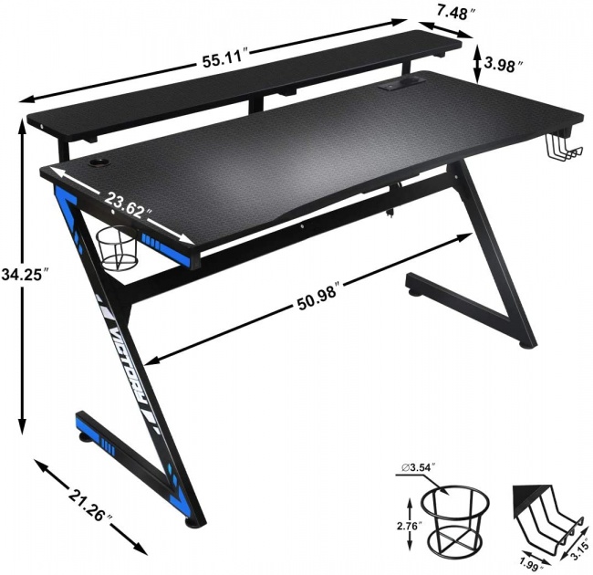 Large Gaming Desk 55 Inch Computer Gaming Desk E-Sports Racing Table with with Cup Holder, Headphone Hook for Home Office