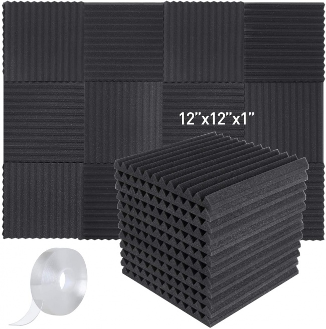 Focusound 24 Packs Acoustic Foam Panels Wedge Soundproof Studio Wall Tiles Sound Absorbing with Double Side Adhesive Tape