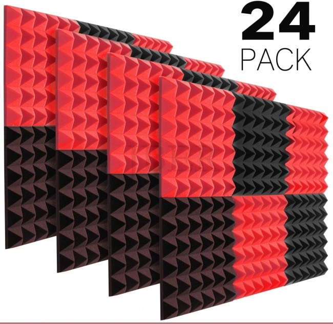 JBER Acoustic Sound Foam Panels, 24 Pack 2 X 12 X 12 Charcoal Soundproofing Treatment Studio RED